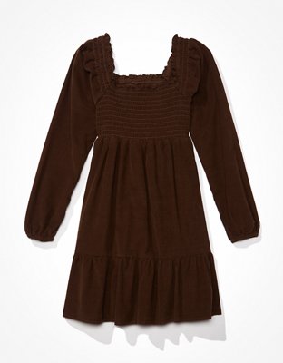 AE Long-Sleeve Smocked Corduroy Mini Dress