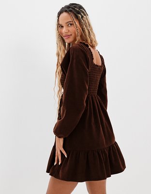 AE Long-Sleeve Smocked Corduroy Mini Dress