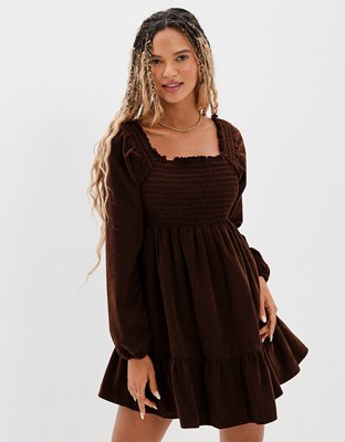 AE Long-Sleeve Smocked Corduroy Mini Dress