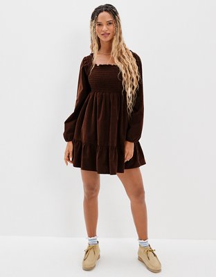 AE Long-Sleeve Smocked Corduroy Mini Dress