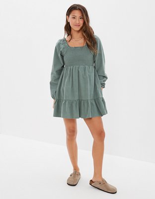 AE Long Sleeve Smocked Corduroy Mini Dress