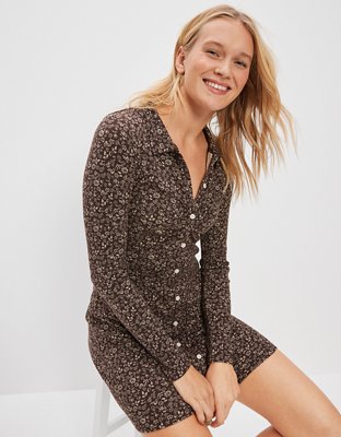 AE Ruched Knit Button-Front Mini Dress