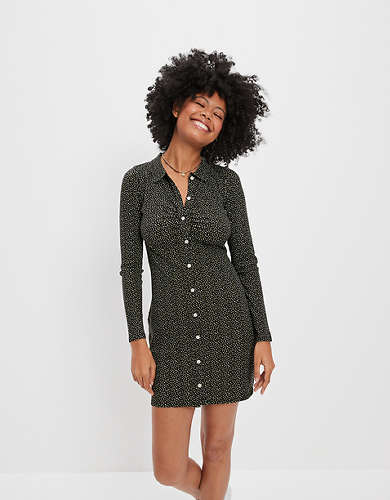 AE Ruched Knit Button-Front Mini Dress