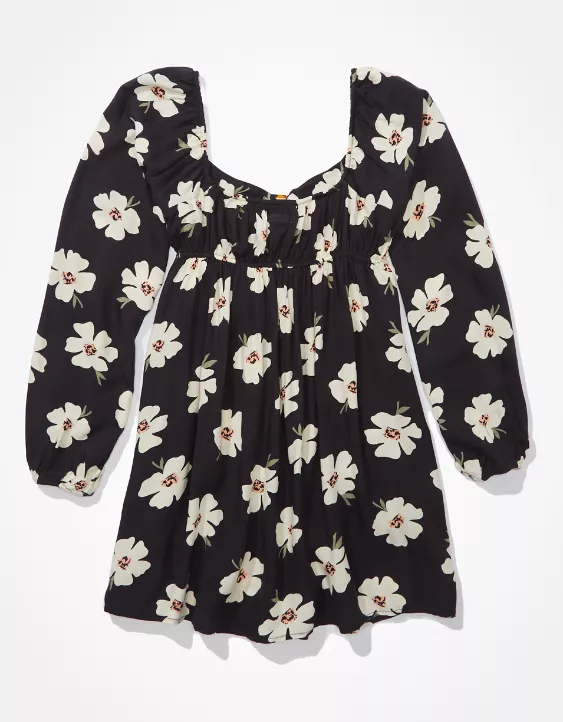 AE Floral Long-Sleeve Ring-Front Mini Dress
