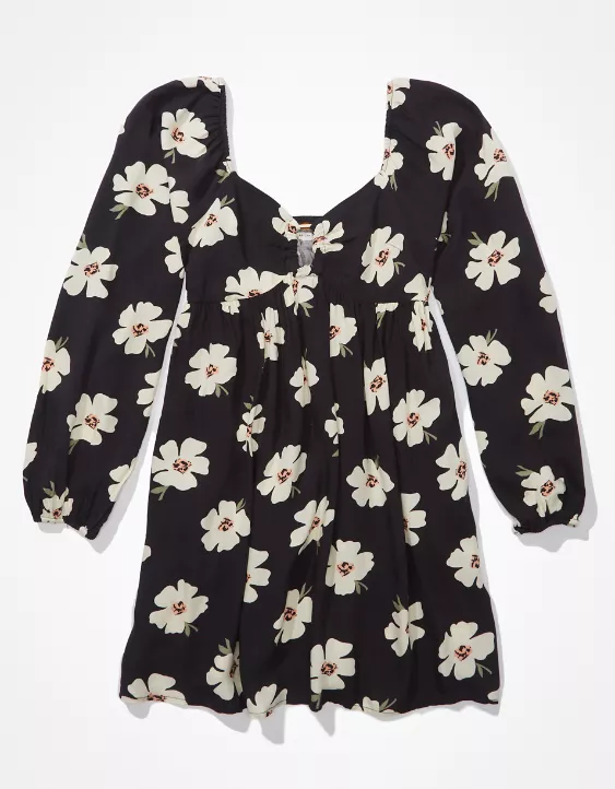 AE Floral Long-Sleeve Ring-Front Mini Dress