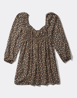 AE Floral Long-Sleeve Ring-Front Mini Dress