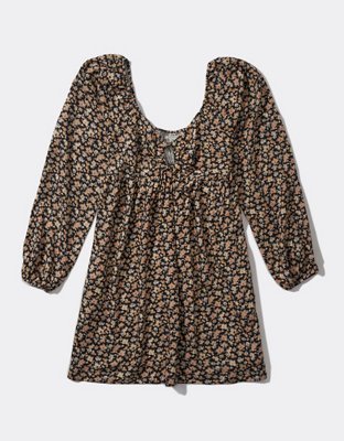 AE Floral Long-Sleeve Ring-Front Mini Dress