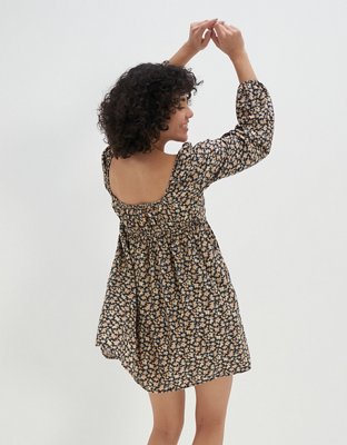 AE Floral Long-Sleeve Ring-Front Mini Dress