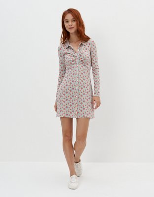 AE Knit Ruched Front Long-Sleeve Mini Dress