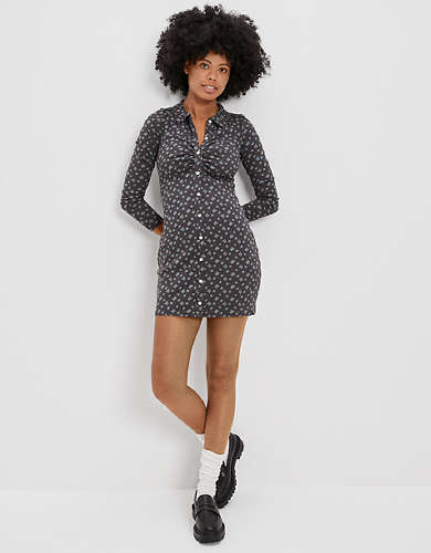 AE Knit Ruched Front Long-Sleeve Mini Dress