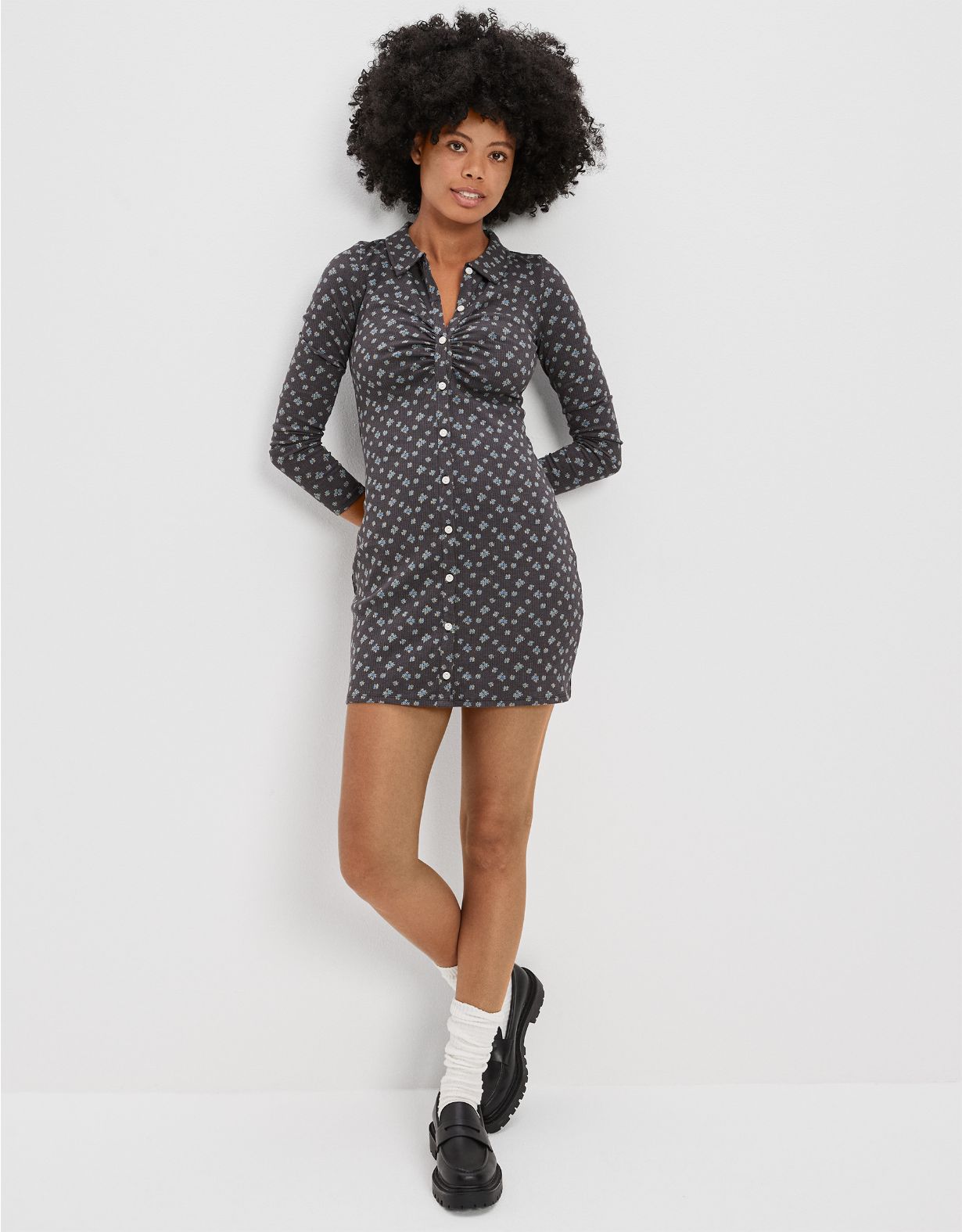 AE Knit Ruched Front Long-Sleeve Mini Dress