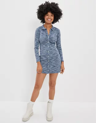 AE Knit Ruched Front Long-Sleeve Mini Dress