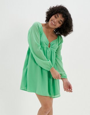 ae long sleeve babydoll dress AE Fleece Long-Sleeve Babydoll Mini Dress