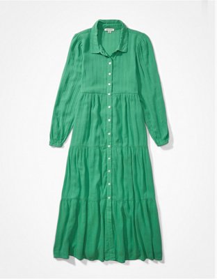 ae button front midi dress AE Button-Up Denim Midi Dress Women's White XXL