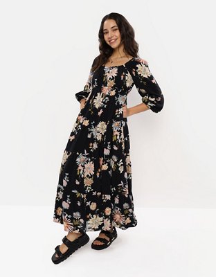 AE Long-Sleeved Tiered Midi Dress