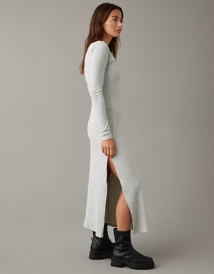 NEUF - Long-Sleeve V-Neck Plain Knit Pleated Midi A-Line Dress / Leggings /  Set