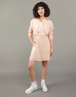 AE Long-Sleeve Faux Wrap Mini Shirt Dress