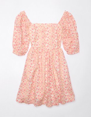 american eagle pink floral dress AE Eyelet Puff-Sleeve Swing Mini Dress