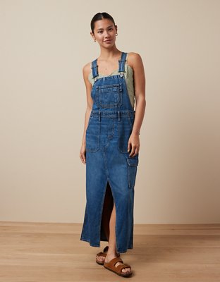 Womens Denim Pinafore Dresses Jeans Dungaree Dress Long Overall