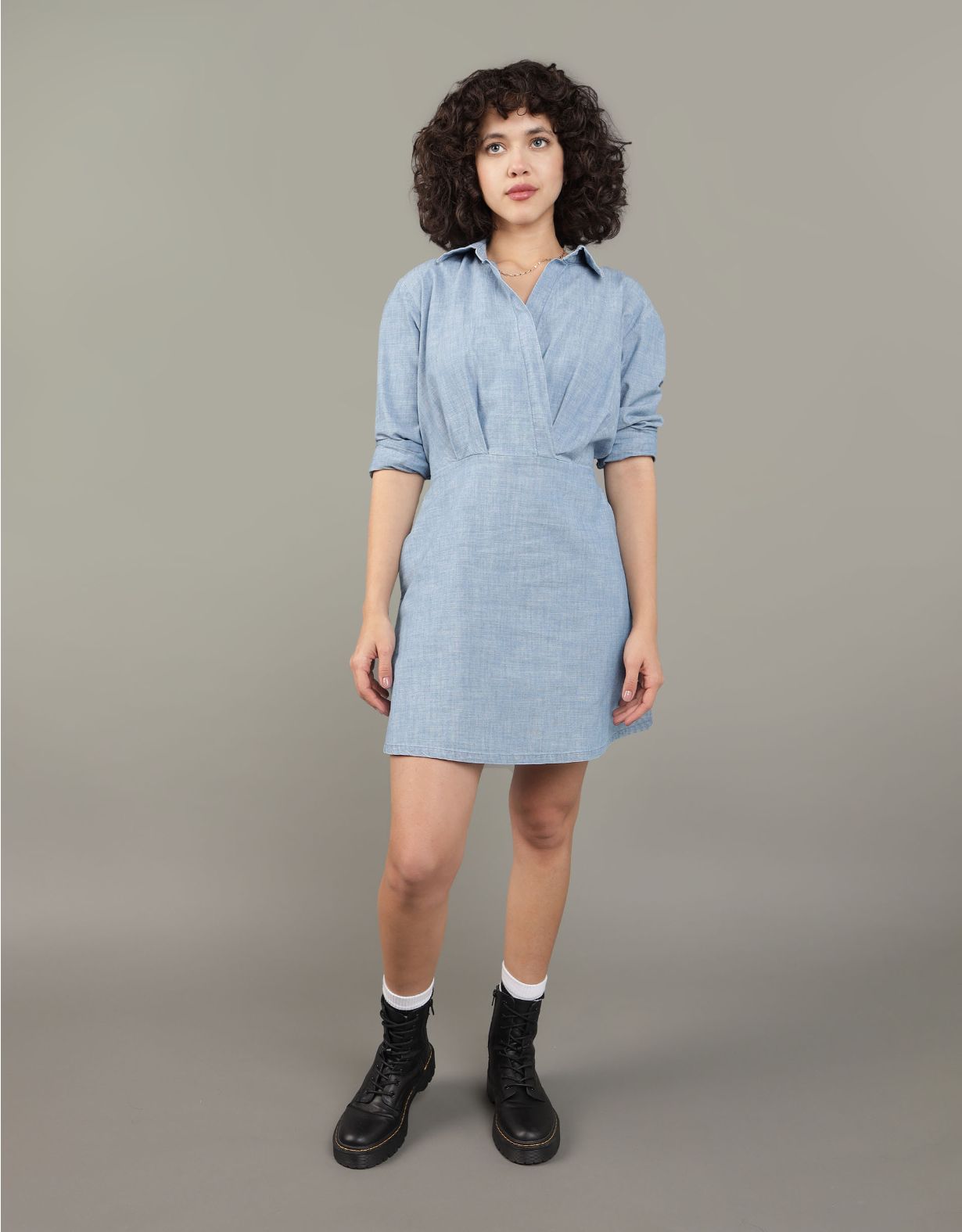 AE Long-Sleeve Faux Wrap Mini Shirt Dress