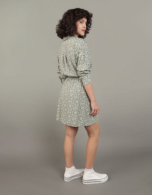 AE Long-Sleeve Faux Wrap Mini Shirt Dress