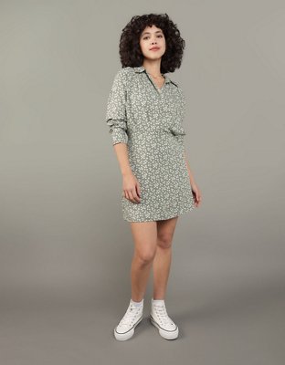 AE Long-Sleeve Faux Wrap Mini Shirt Dress
