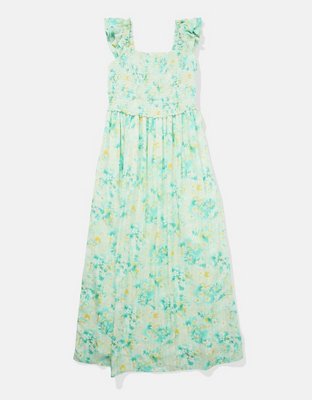 AE Vestido Midi Bordado con Nido de Abeja con Mangas con Ondas