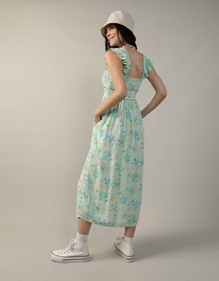 knee length dresses for ladies Flutter Sleeve V-Neck Smocked Waist Midi Dress Teal / Small main image 1