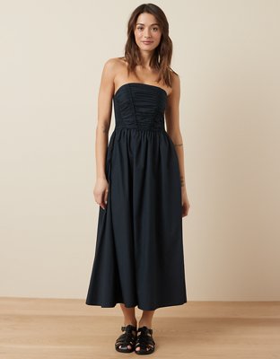 AE Strapless Ruched Poplin Midi Dress