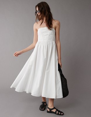 AE Strapless Ruched Poplin Midi Dress