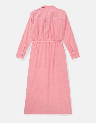 AE Long-Sleeve Faux Wrap Midi Shirt Dress | American Eagle