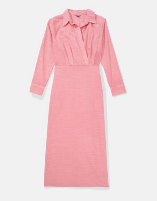 AE Long-Sleeve Faux Wrap Midi Shirt Dress | American Eagle