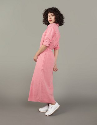 ae long sleeve wrap dress AE Long-Sleeve Faux Wrap Midi Shirt Dress