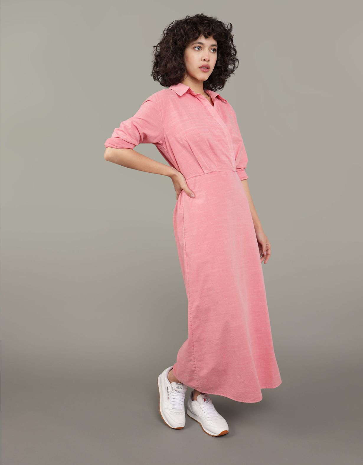AE Long-Sleeve Faux Wrap Midi Shirt Dress