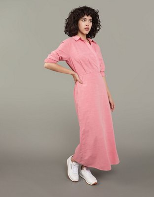 AE Long-Sleeve Faux Wrap Midi Shirt Dress