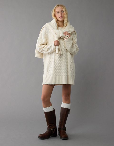 Женские платья American Eagle AE Long-Sleeve Cable Knit Sweater Mini Dress