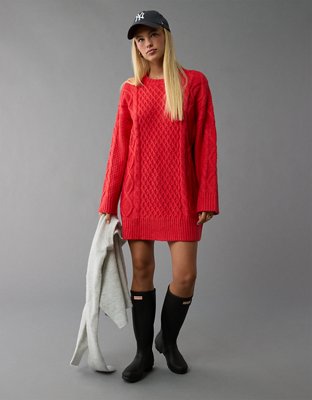 Ae Long Sleeve Cable Knit Sweater Mini Dress Women s Red XL