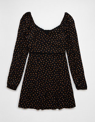 AE Long-Sleeve Smocked Corduroy Mini Dress | American Eagle