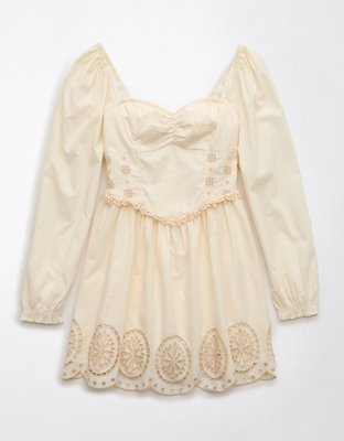 AE Long-Sleeve Smocked Corduroy Mini Dress | American Eagle