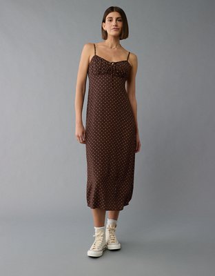 Ae Ruched Midi Slip Dress Women s Brown XXS