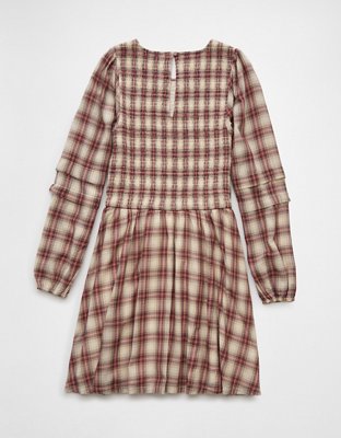 AE Long-Sleeve High Neck Plaid Mini Dress