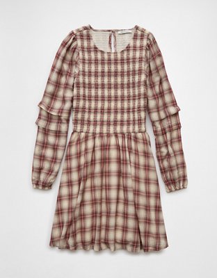 AE Long-Sleeve High Neck Plaid Mini Dress