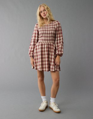 AE Long Sleeve High Neck Plaid Mini Dress