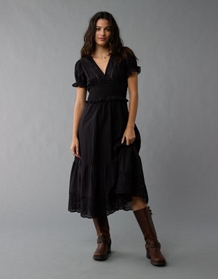 AE Puff Sleeve V-Neck Midi Dress