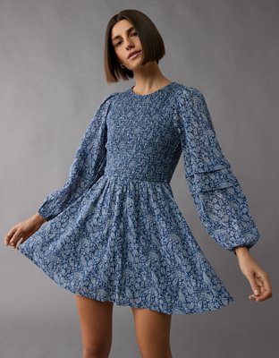 AE Long-Sleeve High Neck Floral Mini Dress