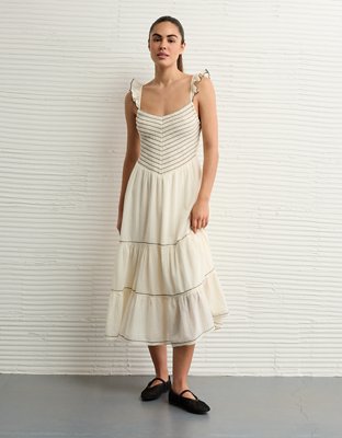 AE Empire Waist Embroidered Midi Dress | American Eagle