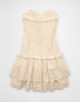 AE Strapless Smocked Ruffle Drop Waist Mini Dress
