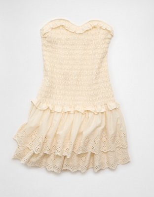 AE Strapless Smocked Ruffle Drop Waist Mini Dress