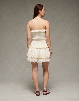AE Strapless Smocked Ruffle Drop Waist Mini Dress