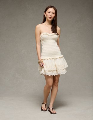 AE Strapless Smocked Ruffle Drop Waist Mini Dress